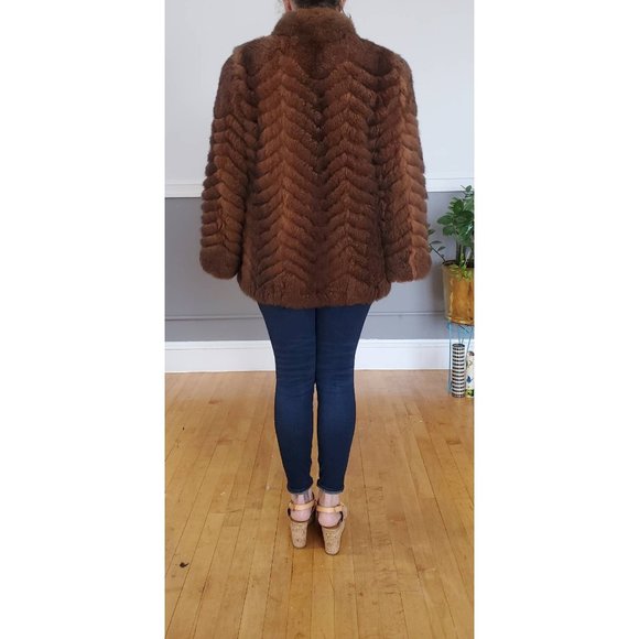 Vtg Brown Chevron Possum Fur Coat 